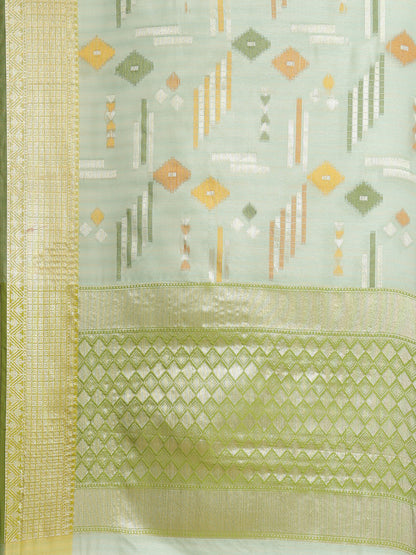 Faishana Presents Handwoven Seagreen Mulberry Silk Geometrical Motif Tilfi Zari Border With Parrot Green Blouse Banarasi Saree