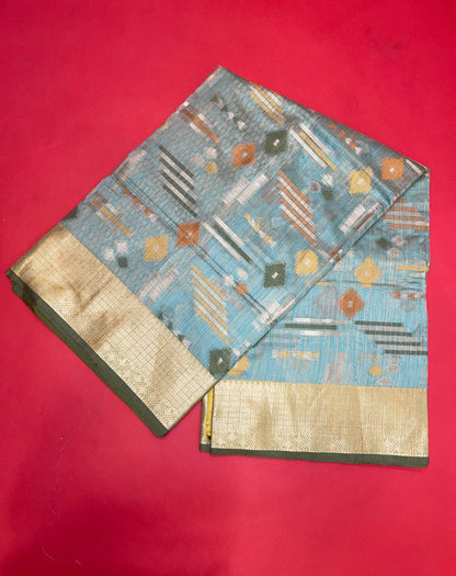 Faishana Presents Handwoven Seagreen Mulberry Silk Geometrical Motif Tilfi Zari Border With Parrot Green Blouse Banarasi Saree