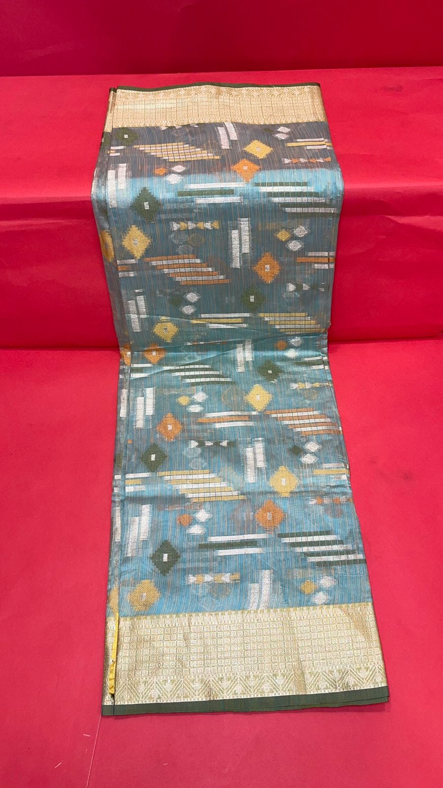 Faishana Presents Handwoven Seagreen Mulberry Silk Geometrical Motif Tilfi Zari Border With Parrot Green Blouse Banarasi Saree