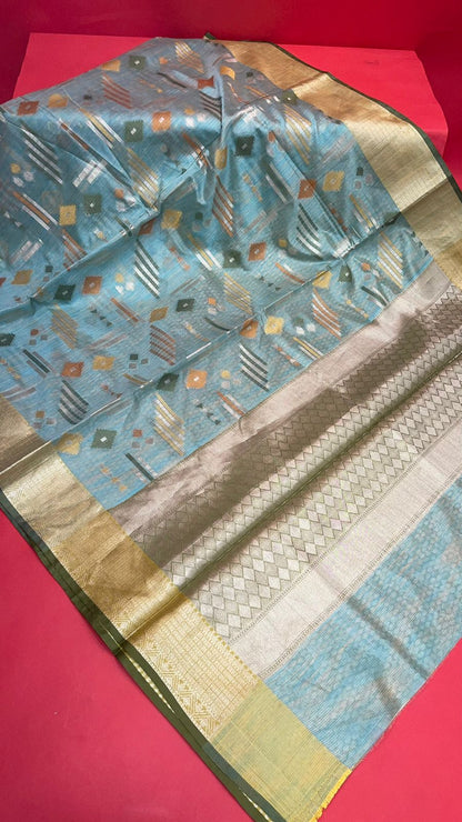 Faishana Presents Handwoven Seagreen Mulberry Silk Geometrical Motif Tilfi Zari Border With Parrot Green Blouse Banarasi Saree