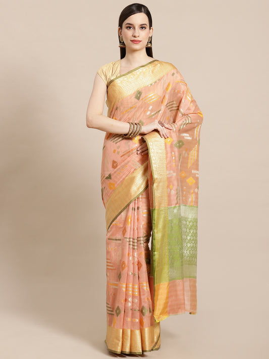 Faishana Presents Handwoven Peach Mulberry Silk Geometrical Motif Tilfi Zari Border With Parrot Green Blouse Banarasi Saree