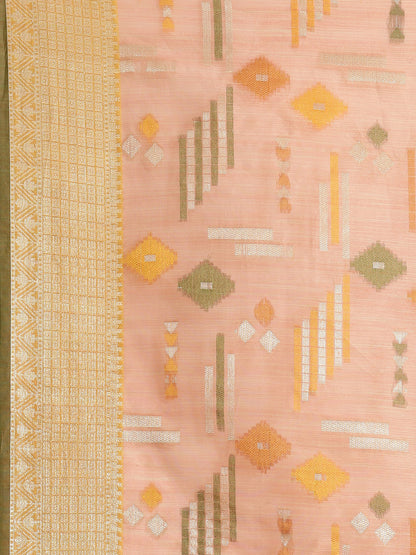 Faishana Presents Handwoven Peach Mulberry Silk Geometrical Motif Tilfi Zari Border With Parrot Green Blouse Banarasi Saree