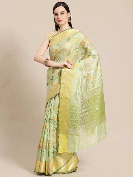 Faishana Presents Handwoven Pistachio Green Mulberry Silk Geometrical Motif Tilfi Zari Border With Parrot Green Blouse Banarasi Saree