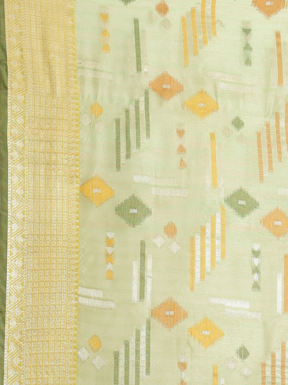 Faishana Presents Handwoven Pistachio Green Mulberry Silk Geometrical Motif Tilfi Zari Border With Parrot Green Blouse Banarasi Saree