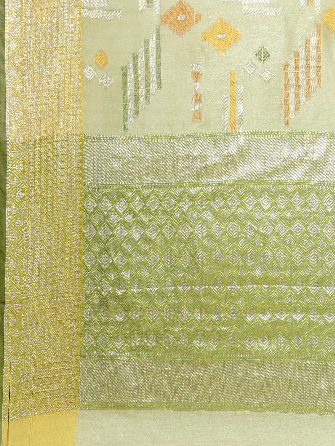 Faishana Presents Handwoven Pistachio Green Mulberry Silk Geometrical Motif Tilfi Zari Border With Parrot Green Blouse Banarasi Saree