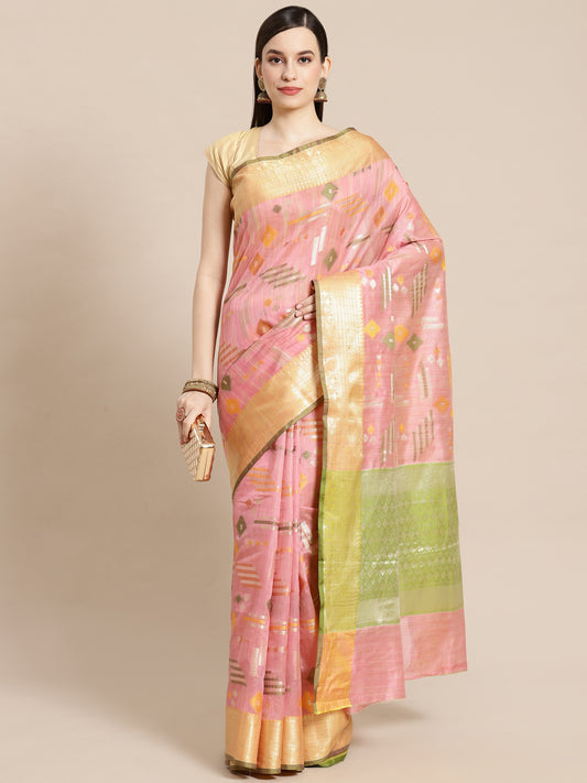 Faishana Presents Handwoven Pink Mulberry Silk Geometrical Motif Tilfi Zari Border With Parrot Green Blouse Banarasi Saree