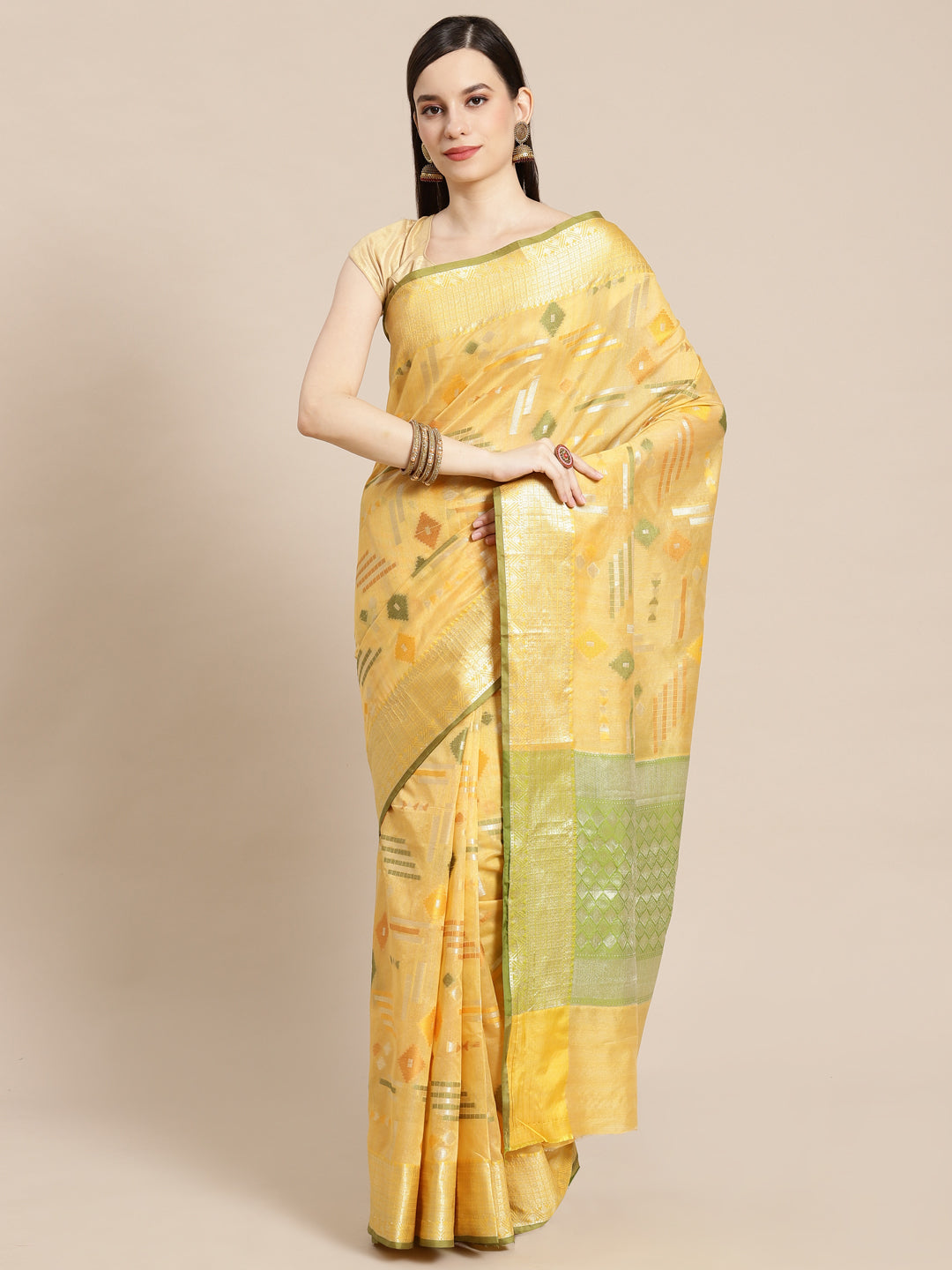 Yellow Mulberry Silk Blend Banarasi Sarees For Women GEMELBRSLK_20