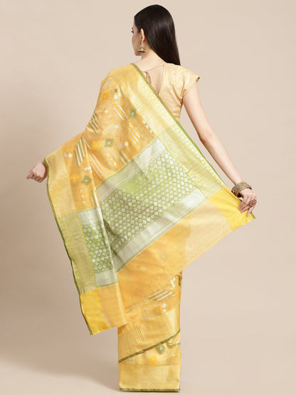 Yellow Mulberry Silk Blend Banarasi Sarees For Women GEMELBRSLK_20