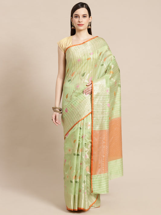Faishana Presents Handwoven Pistachio Green Mulberry Silk Tilfi Jaal Zari Border With Orange Blouse Banarasi Saree