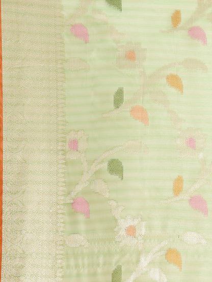 Faishana Presents Handwoven Pistachio Green Mulberry Silk Tilfi Jaal Zari Border With Orange Blouse Banarasi Saree
