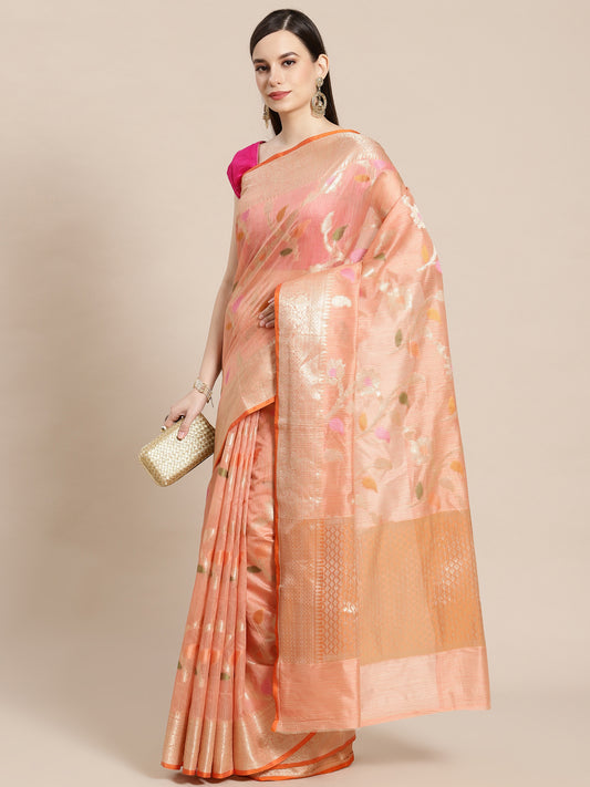 Faishana Presents Handwoven Pink Mulberry Silk Tilfi Jaal Zari Border With Orange Blouse Banarasi Saree