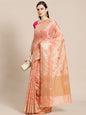 Faishana Presents Handwoven Pink Mulberry Silk Tilfi Jaal Zari Border With Orange Blouse Banarasi Saree