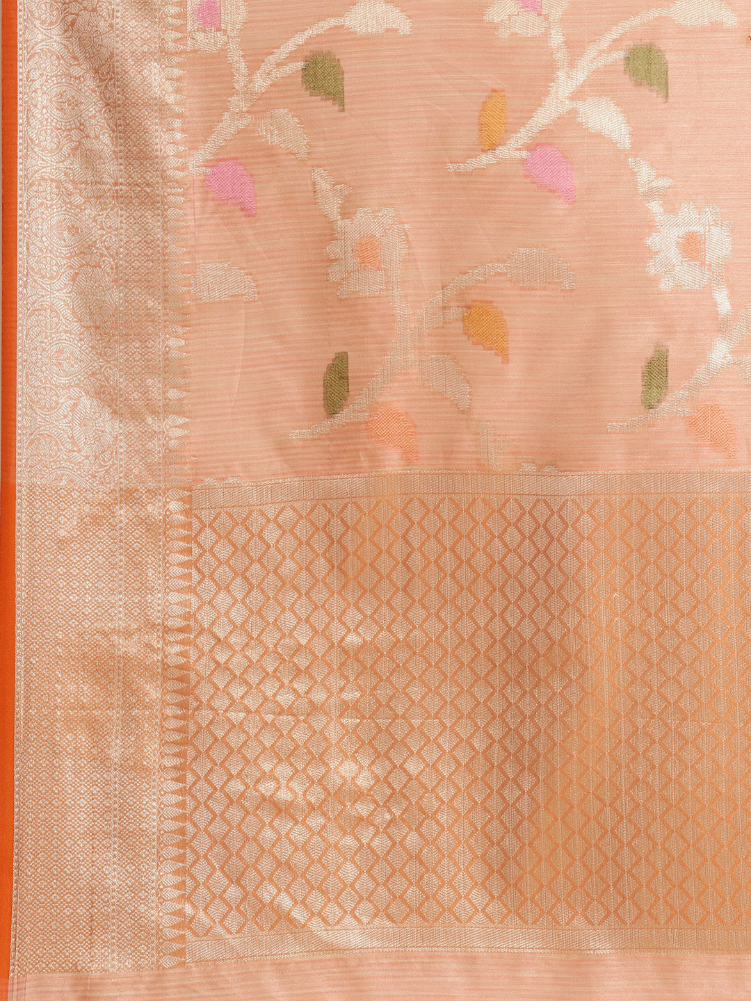 Faishana Presents Handwoven Pink Mulberry Silk Tilfi Jaal Zari Border With Orange Blouse Banarasi Saree