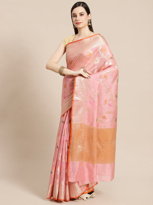 Faishana Presents Handwoven Peach Mulberry Silk Tilfi Jaal Zari Border With Orange Blouse Banarasi Saree