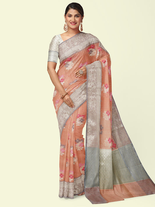 Faishana Presents Handwoven Peach Mulberry Silk Floral Booti With White Blouse Banarasi Saree