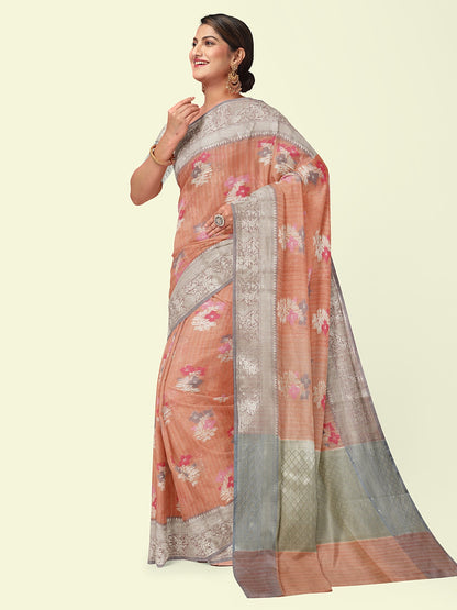 Faishana Presents Handwoven Peach Mulberry Silk Floral Booti With White Blouse Banarasi Saree