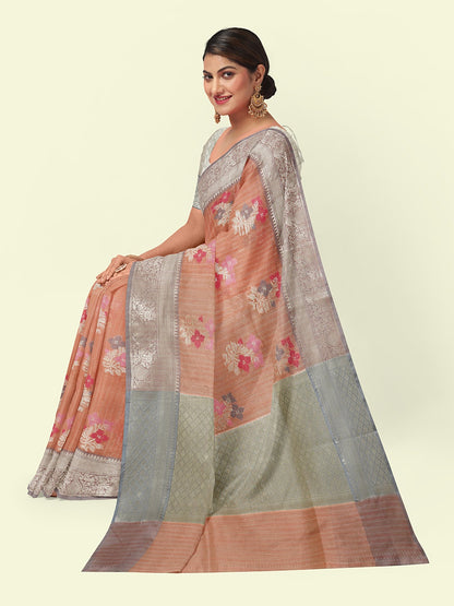 Faishana Presents Handwoven Peach Mulberry Silk Floral Booti With White Blouse Banarasi Saree