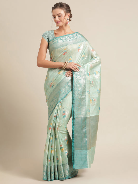 Faishana Presents Handwoven Seagreen Mulberry Silk Tilfi Boota Zari Border With Green Blouse Banarasi Saree