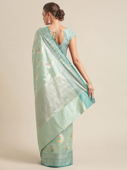 Faishana Presents Handwoven Seagreen Mulberry Silk Tilfi Boota Zari Border With Green Blouse Banarasi Saree
