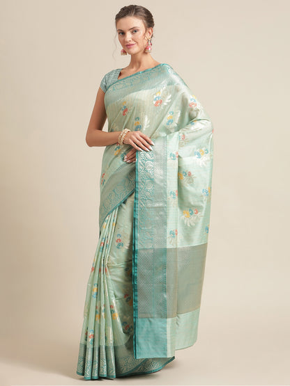 Faishana Presents Handwoven Seagreen Mulberry Silk Tilfi Boota Zari Border With Green Blouse Banarasi Saree