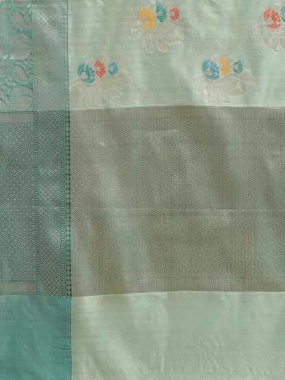 Faishana Presents Handwoven Seagreen Mulberry Silk Tilfi Boota Zari Border With Green Blouse Banarasi Saree