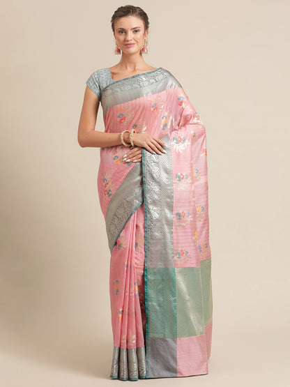 Faishana Presents Handwoven Pink Mulberry Silk Tilfi Boota Zari Border With Green Blouse Banarasi Saree