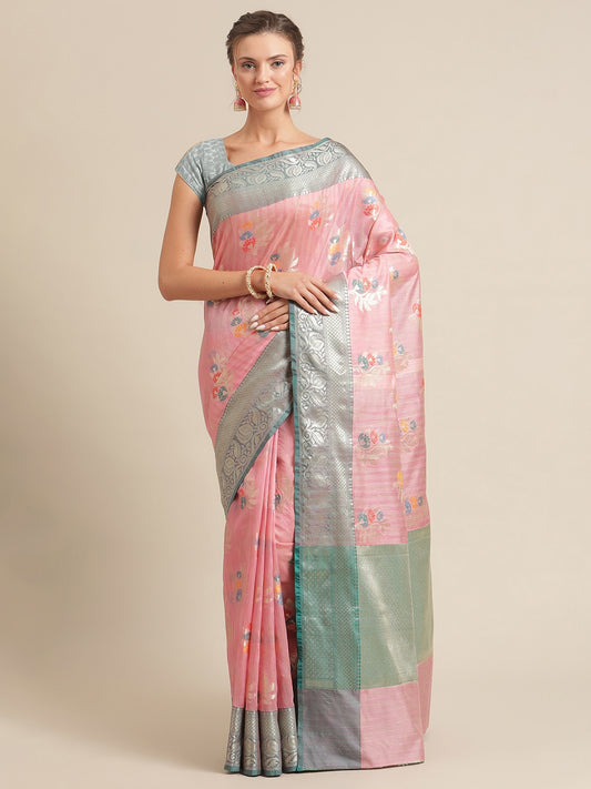 Faishana Presents Handwoven Pink Mulberry Silk Tilfi Boota Zari Border With Green Blouse Banarasi Saree