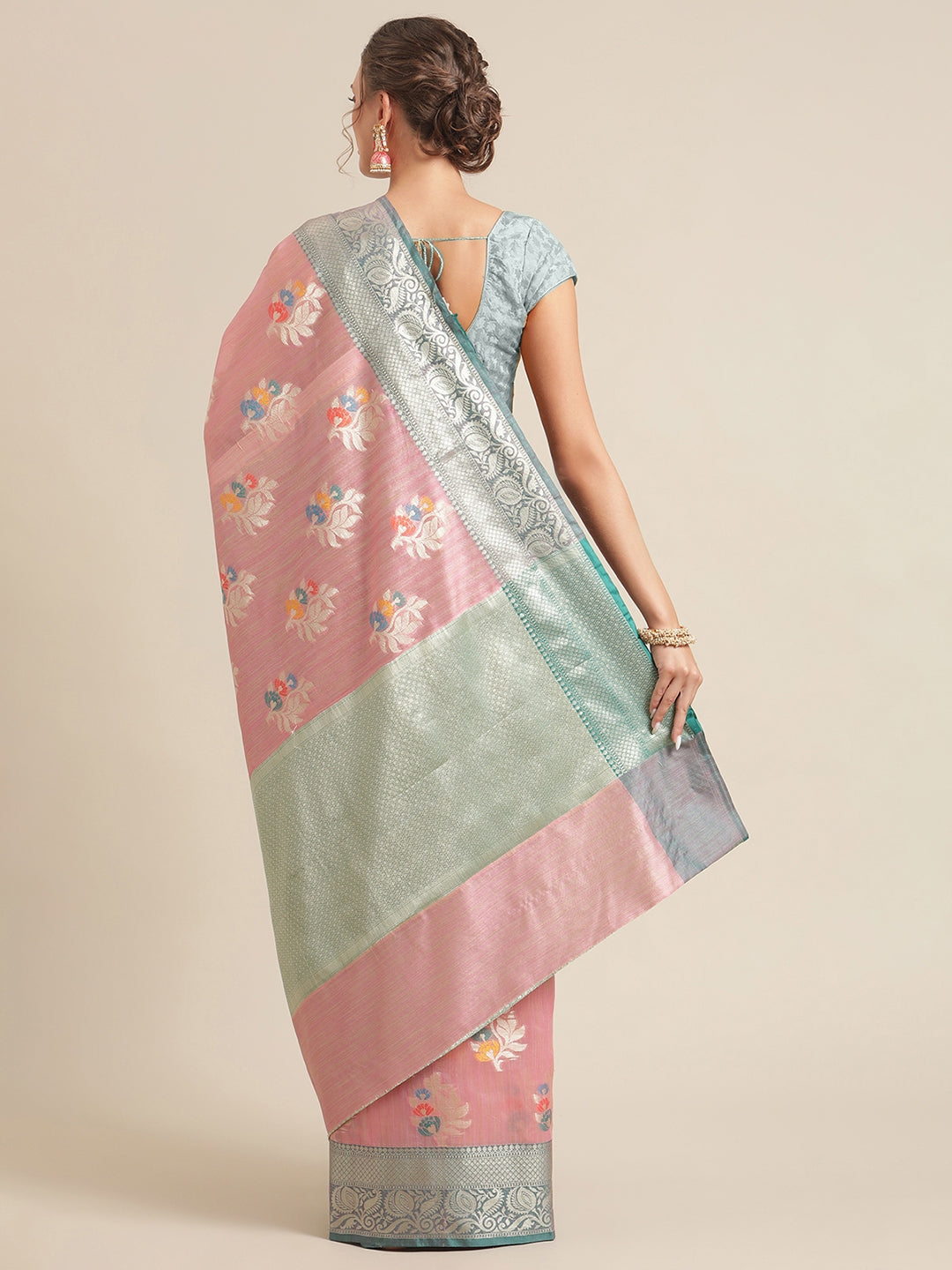 Faishana Presents Handwoven Pink Mulberry Silk Tilfi Boota Zari Border With Green Blouse Banarasi Saree