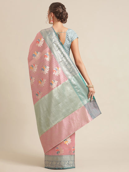 Faishana Presents Handwoven Pink Mulberry Silk Tilfi Boota Zari Border With Green Blouse Banarasi Saree