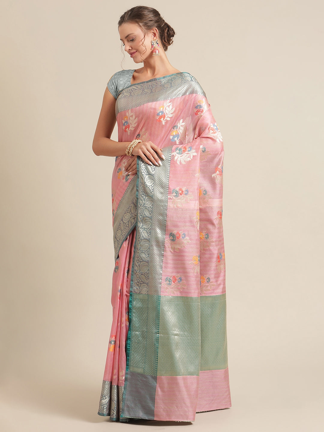 Faishana Presents Handwoven Pink Mulberry Silk Tilfi Boota Zari Border With Green Blouse Banarasi Saree