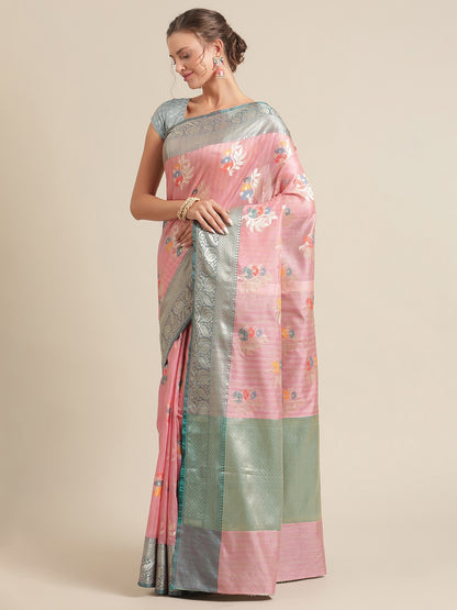 Faishana Presents Handwoven Pink Mulberry Silk Tilfi Boota Zari Border With Green Blouse Banarasi Saree