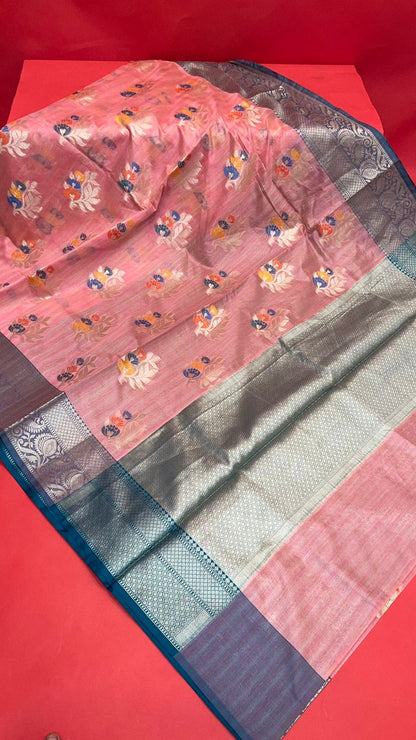 Faishana Presents Handwoven Pink Mulberry Silk Tilfi Boota Zari Border With Green Blouse Banarasi Saree