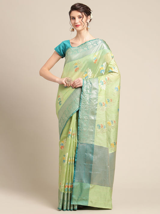 Faishana Presents Handwoven Pistachio Green Mulberry Silk Tilfi Boota Zari Border With Green Blouse Banarasi Saree