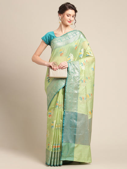 Faishana Presents Handwoven Pistachio Green Mulberry Silk Tilfi Boota Zari Border With Green Blouse Banarasi Saree