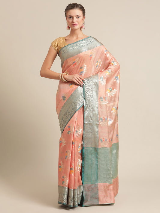 Faishana Presents Handwoven Peach Mulberry Silk Tilfi Boota Zari Border With Green Blouse Banarasi Saree