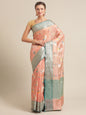 Faishana Presents Handwoven Peach Mulberry Silk Tilfi Boota Zari Border With Green Blouse Banarasi Saree