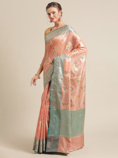 Faishana Presents Handwoven Peach Mulberry Silk Tilfi Boota Zari Border With Green Blouse Banarasi Saree
