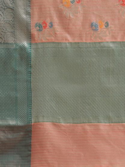 Faishana Presents Handwoven Peach Mulberry Silk Tilfi Boota Zari Border With Green Blouse Banarasi Saree