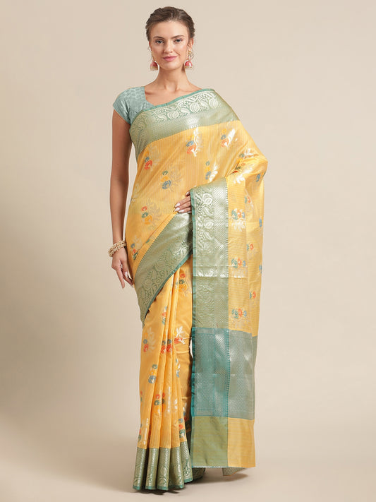 Faishana Presents Handwoven Gold Mulberry Silk Tilfi Boota Zari Border With Green Blouse Banarasi Saree