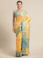 Faishana Presents Handwoven Gold Mulberry Silk Tilfi Boota Zari Border With Green Blouse Banarasi Saree