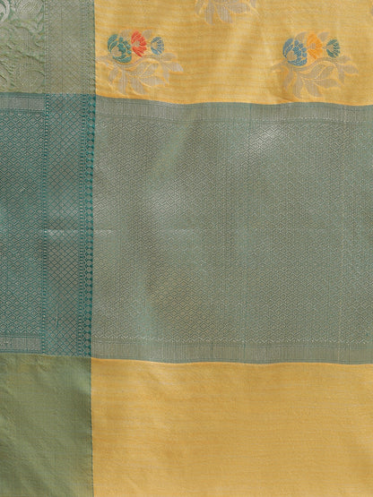 Faishana Presents Handwoven Gold Mulberry Silk Tilfi Boota Zari Border With Green Blouse Banarasi Saree