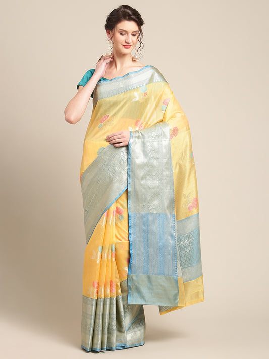 Faishana Presents Handwoven Gold Mulberry Silk Tilfi Skirt Zari With Peacock Blue Blouse Banarasi Saree