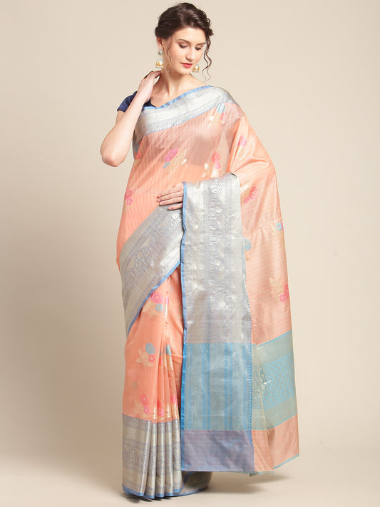 Faishana Presents Peach Mulberry Silk Tilfi Skirt Zari Border With Peacock Blue Blouse Banarasi Saree