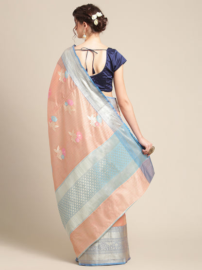 Faishana Presents Peach Mulberry Silk Tilfi Skirt Zari Border With Peacock Blue Blouse Banarasi Saree