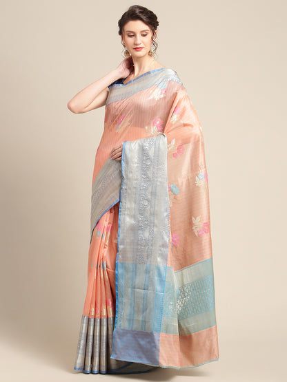Faishana Presents Peach Mulberry Silk Tilfi Skirt Zari Border With Peacock Blue Blouse Banarasi Saree