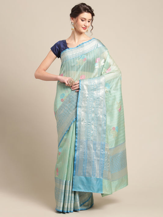 Faishana Presents Handwoven Seagreen Mulberry Silk Tilfi Skirt Zari Border With Peacock Blue Blouse Banarasi Saree