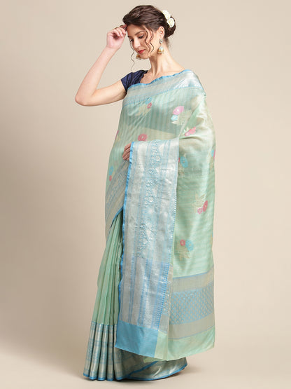 Faishana Presents Handwoven Seagreen Mulberry Silk Tilfi Skirt Zari Border With Peacock Blue Blouse Banarasi Saree