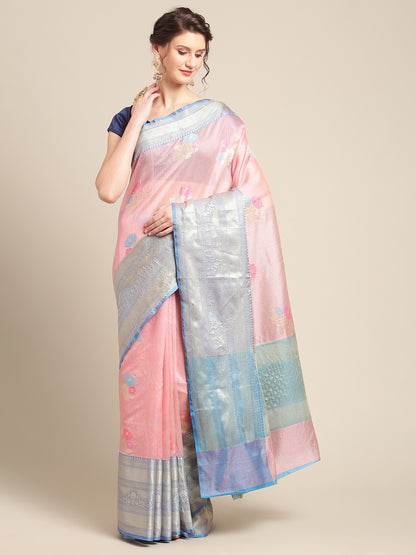 Faishana Presents Handwoven Pink Mulberry Silk Tilfi Skirt Zari Border With Peacock Blue Blouse Banarasi Saree