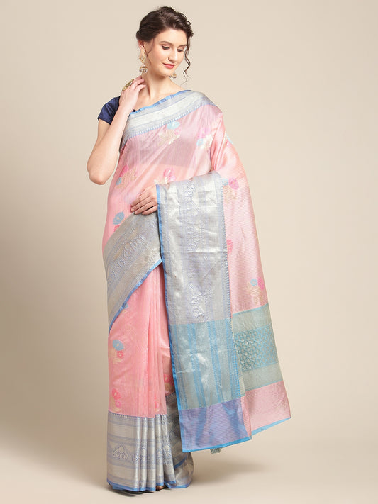 Faishana Presents Handwoven Pink Mulberry Silk Tilfi Skirt Zari Border With Peacock Blue Blouse Banarasi Saree