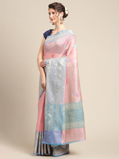 Faishana Presents Handwoven Pink Mulberry Silk Tilfi Skirt Zari Border With Peacock Blue Blouse Banarasi Saree